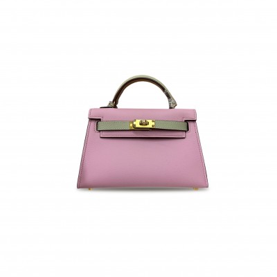 HERMÈS MINI KELLY II SHEEPSKIN SAKURA PINK DOVE GRAY GOLD BUCKLE (19*12*5.5cm) 